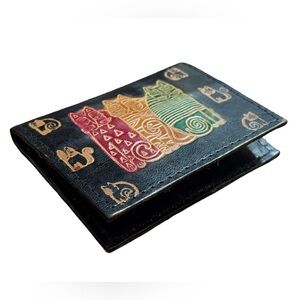 Laurel Burch Hand-Painted Colorful Cat Black Embossed Leather Card Holder